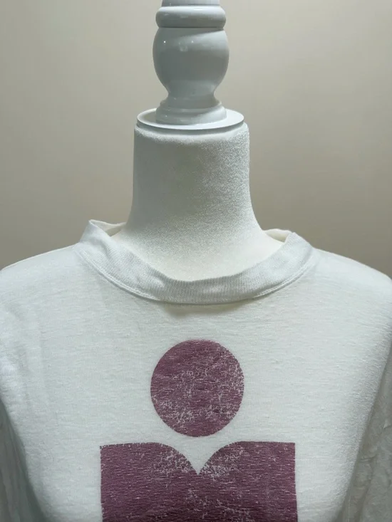 Isabel Marant Etoile White w Pink Logo Linen Slub Crew Neck Klowia Top Sz. M - Picture 3 of 7